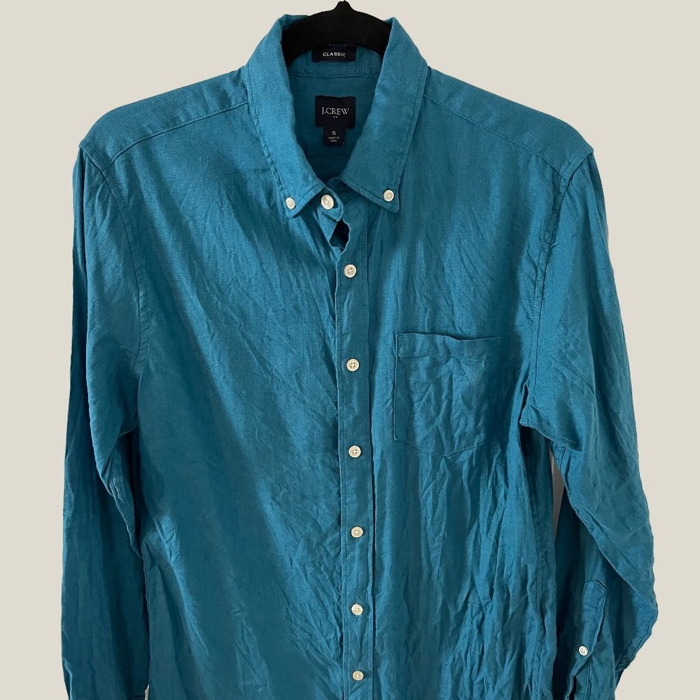 SALE S J CREW CLASSIC FIT BLUE LINEN LONG SLEEVE WOVEN SHIRT